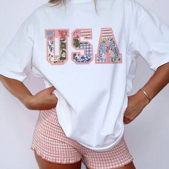 White Casual Women's Letter Print Round Neck Loose Oversized T-Shirt - Picture 1 of 4